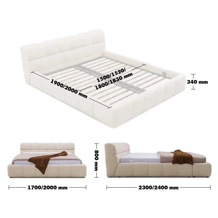 Bauhaus suede fabric bed tufty size charts.