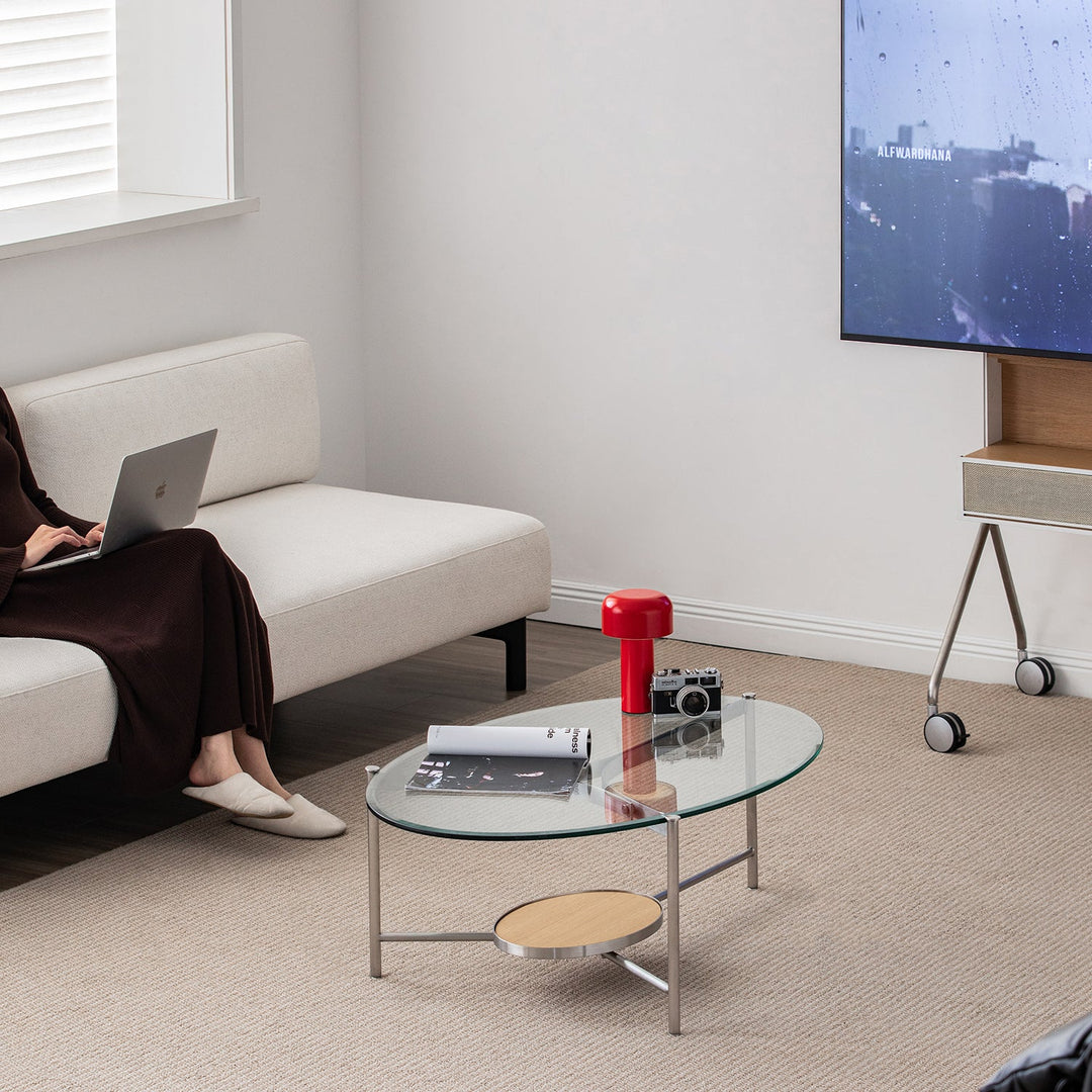 Minimalist tempered glass coffee table iceland material variants.