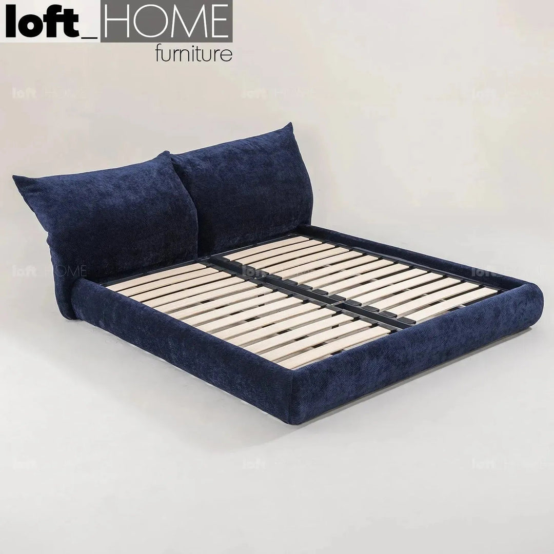 Contemporary velvet fabric bed standard in panoramic view.