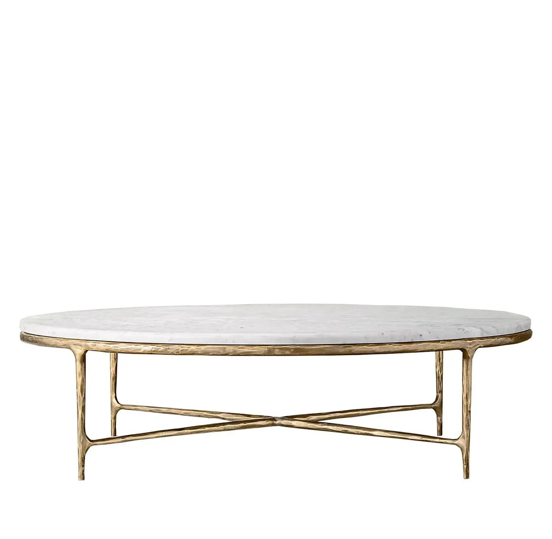 Minimalist marble coffee table thaddeus round in white background.