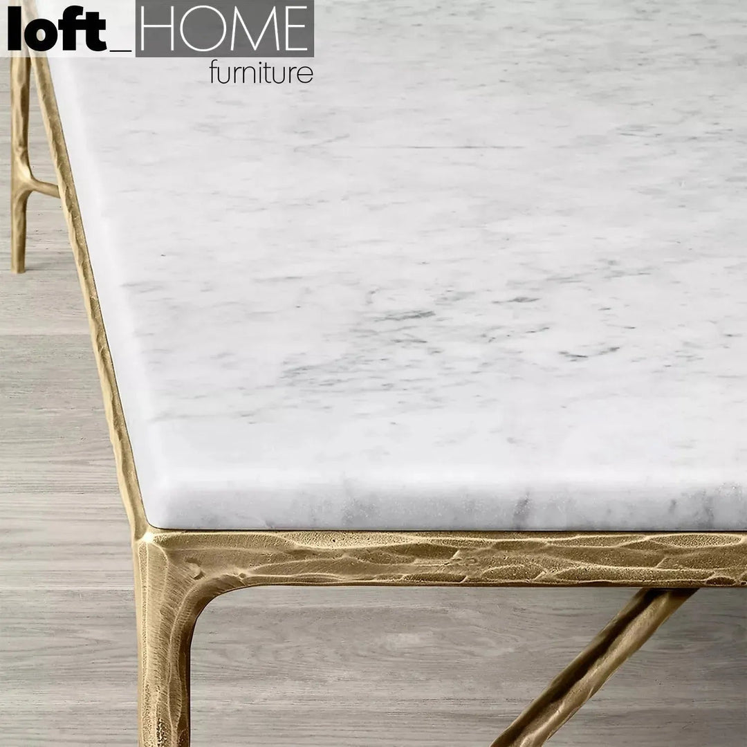 Minimalist marble coffee table thaddeus square in close up details.