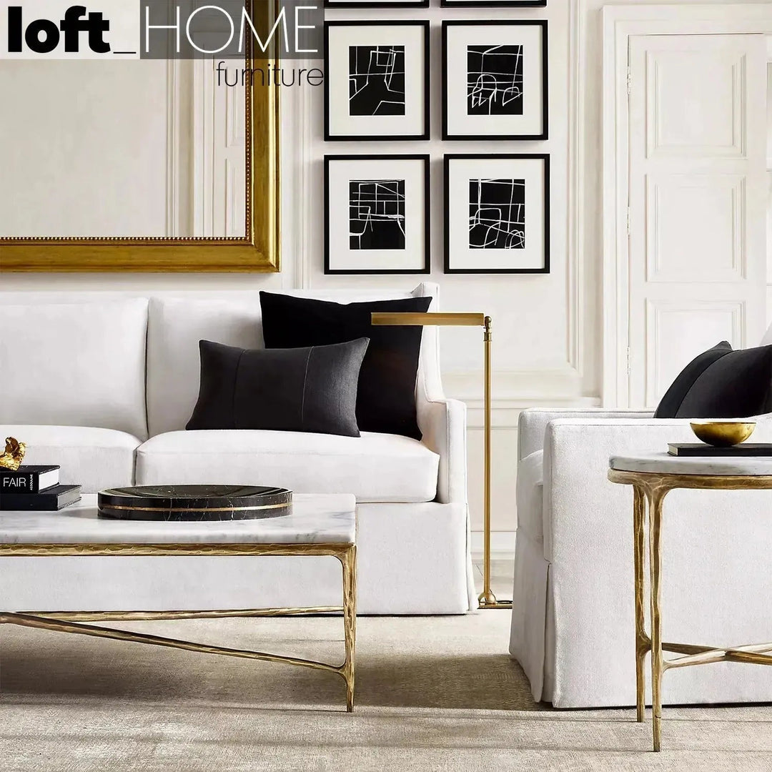 Minimalist marble coffee table thaddeus square in panoramic view.