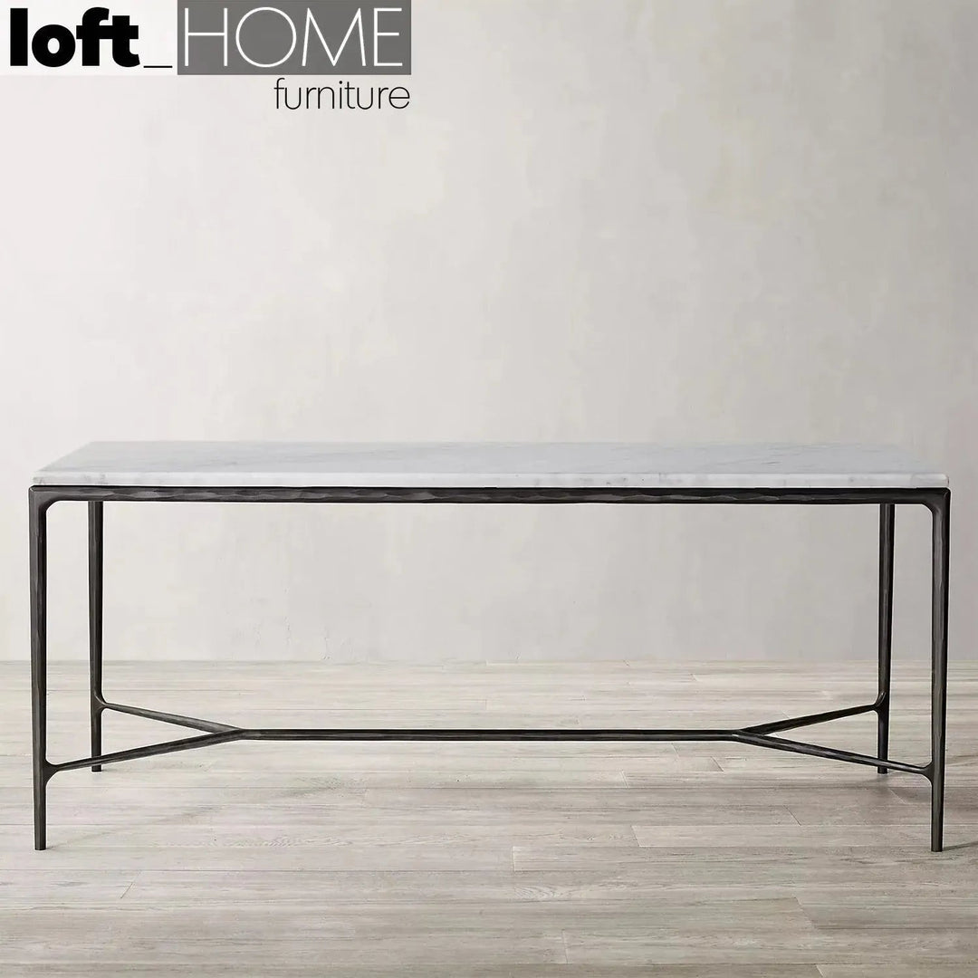 Minimalist marble dining table thaddeus in panoramic view.