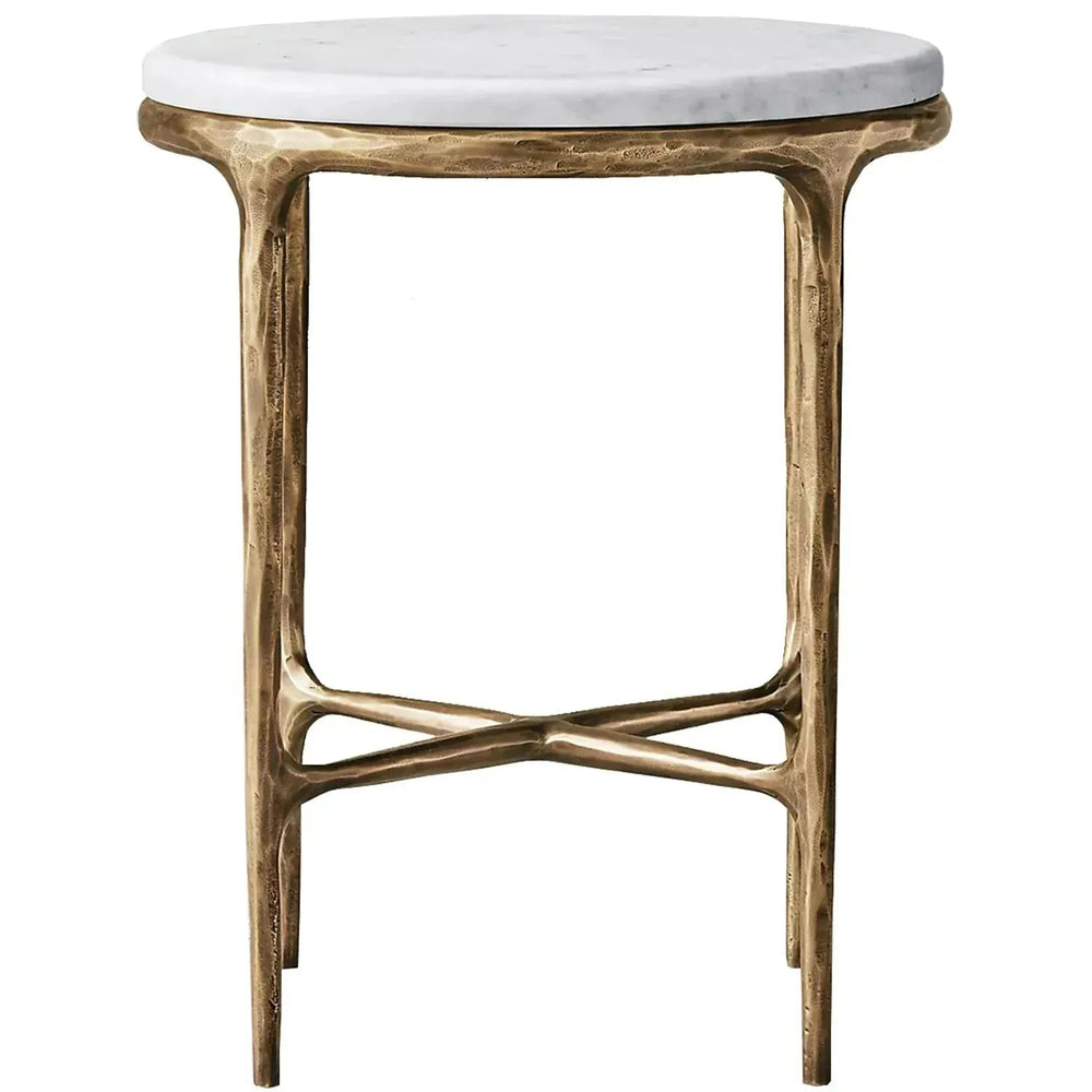 Minimalist marble side table thaddeus round in white background.