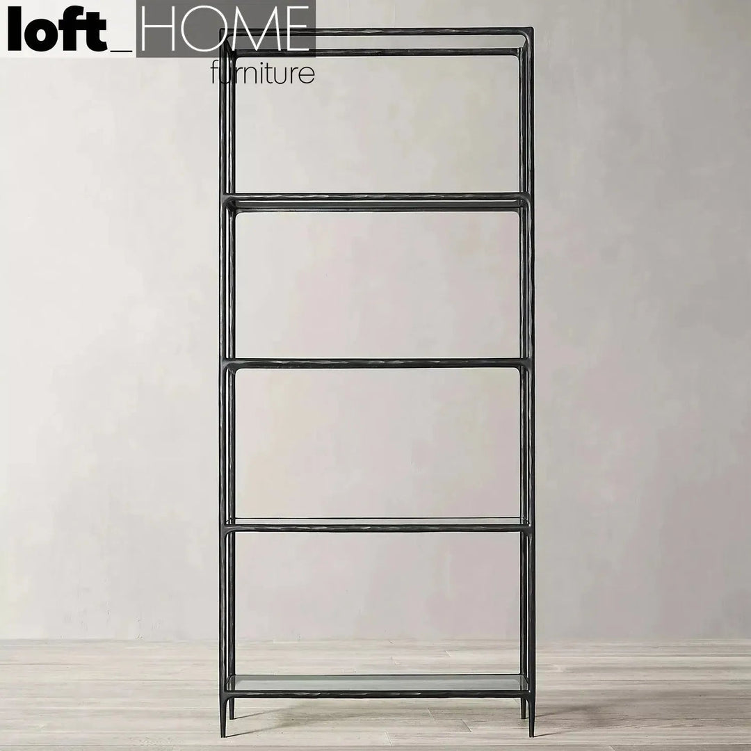 Minimalist metal tempered glass display shelf thaddeus in close up details.