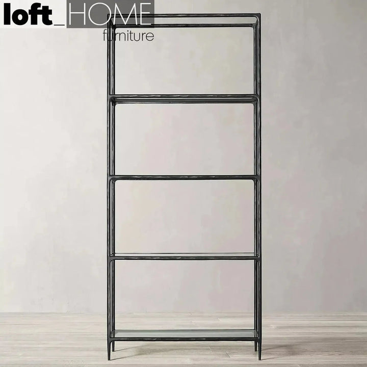 Minimalist metal tempered glass display shelf thaddeus in close up details.