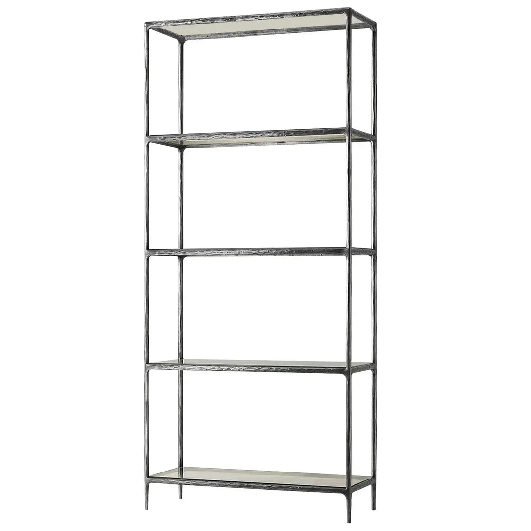 Minimalist metal tempered glass display shelf thaddeus layered structure.