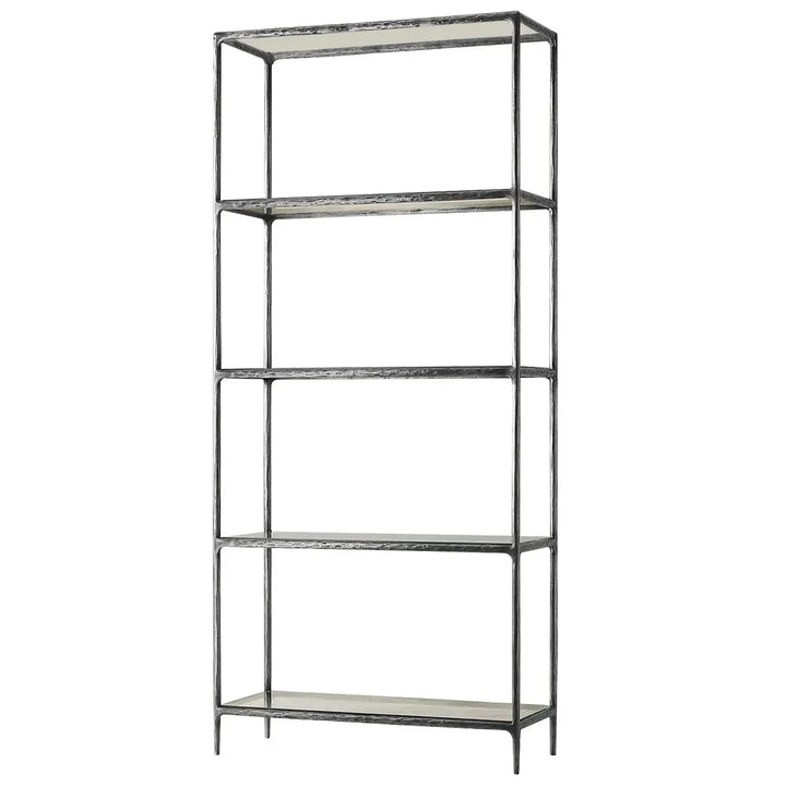 Minimalist metal tempered glass display shelf thaddeus layered structure.