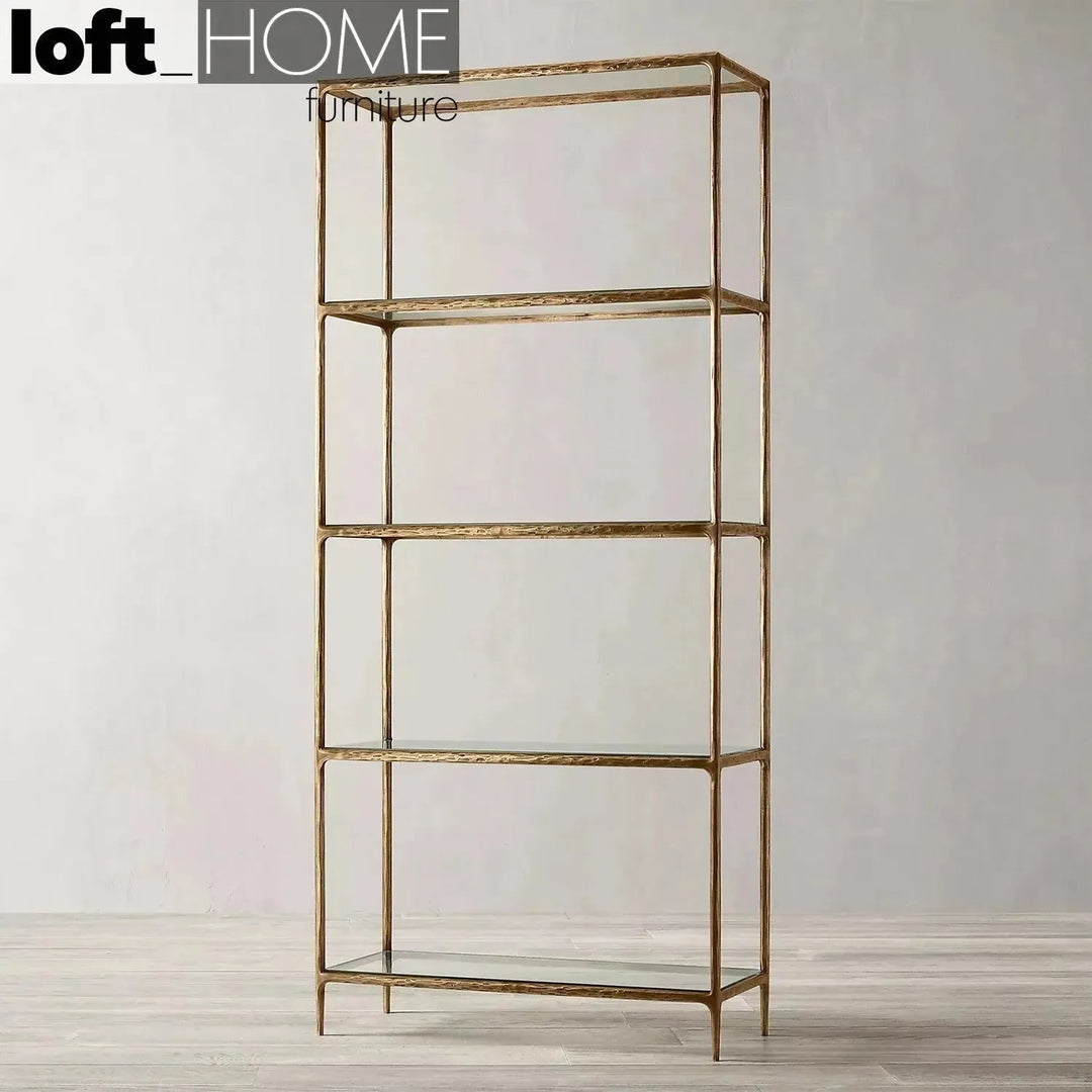 Minimalist metal tempered glass display shelf thaddeus in panoramic view.