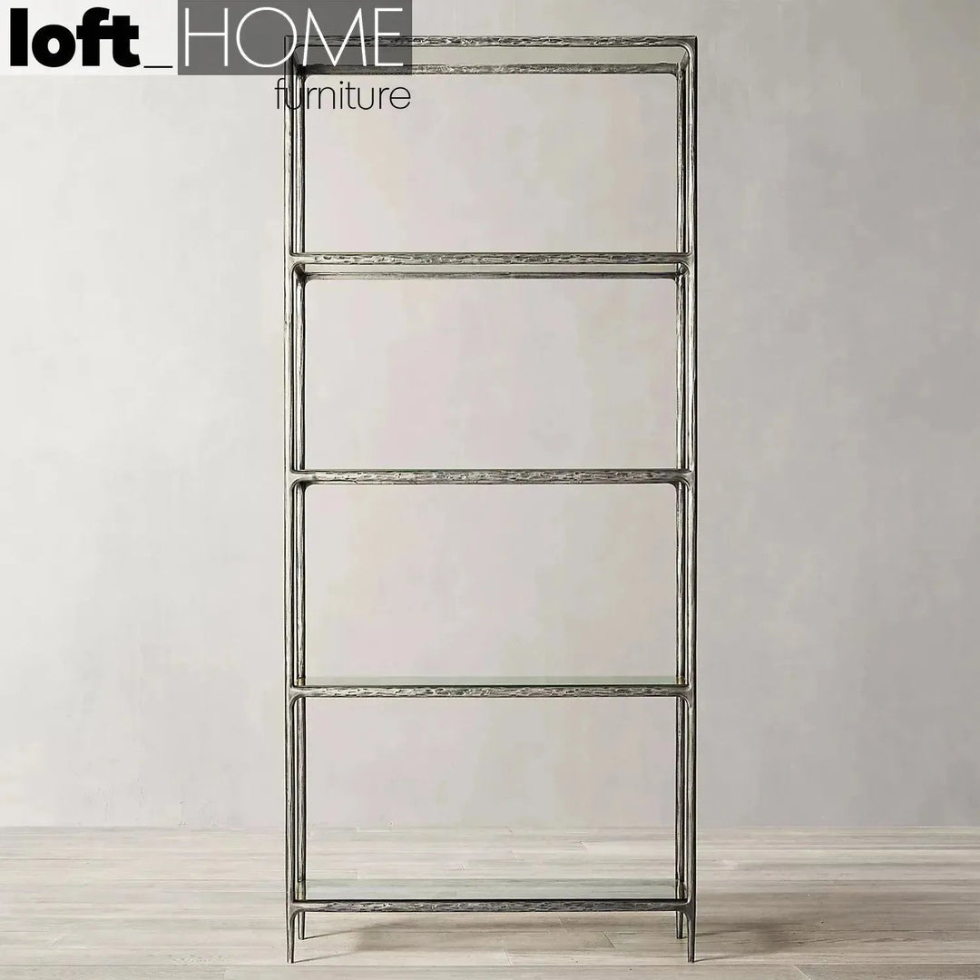 Minimalist metal tempered glass display shelf thaddeus in details.