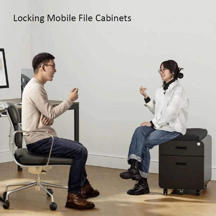 Modern metal two drawer locking mobile file cabinet with seat in panoramic view.