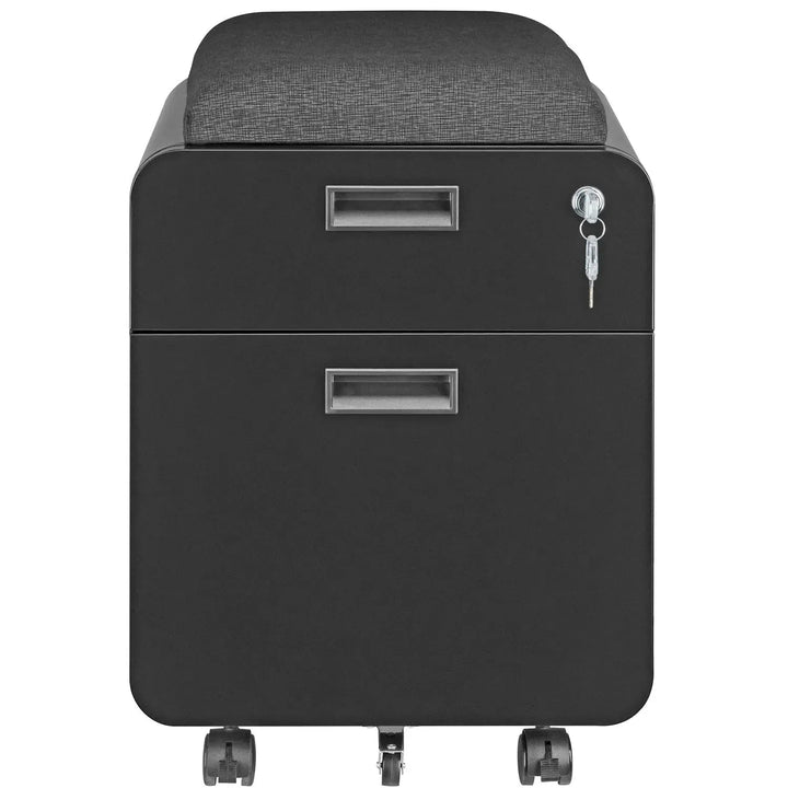 Modern metal two drawer locking mobile file cabinet with seat in still life.