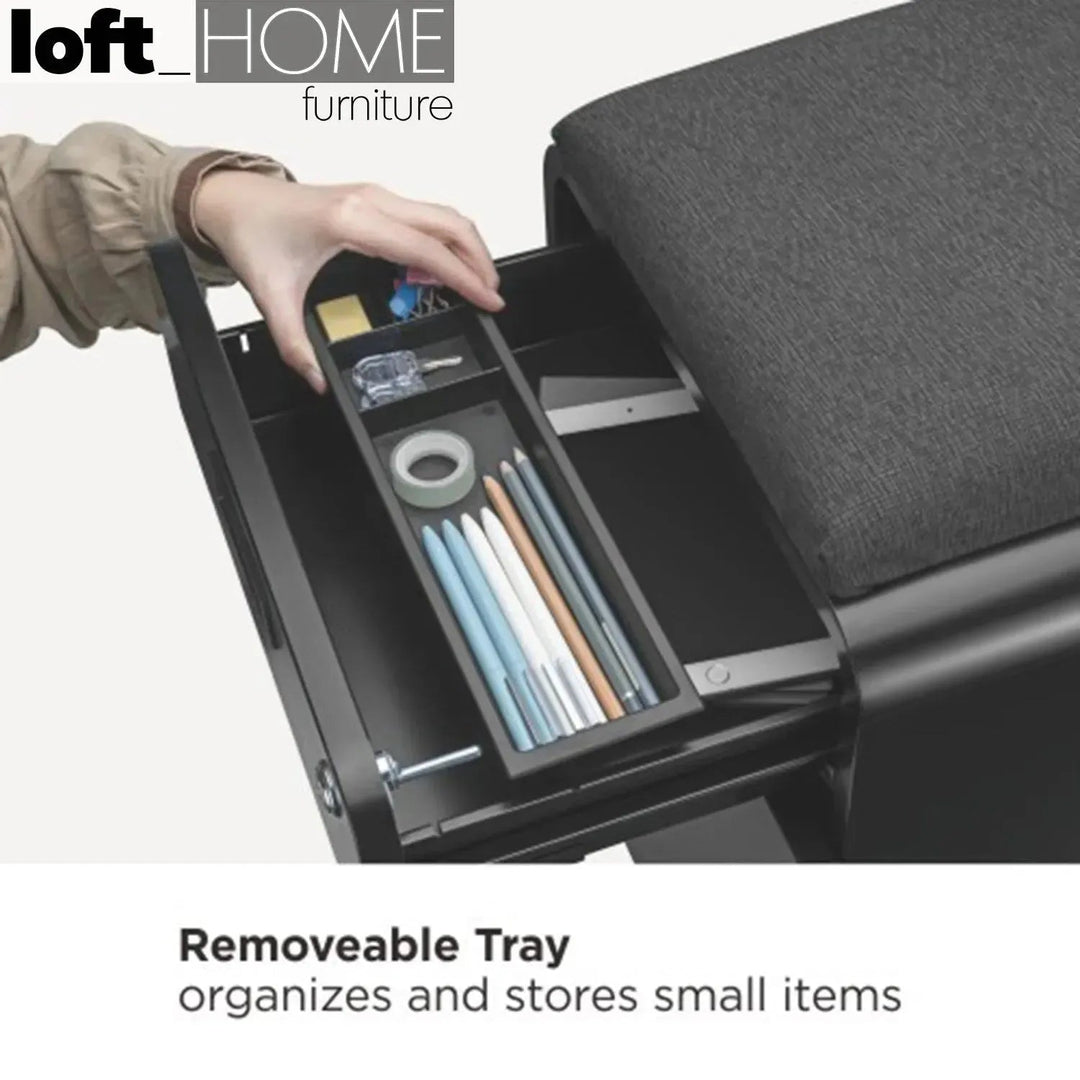 Modern metal two drawer locking mobile file cabinet with seat with context.