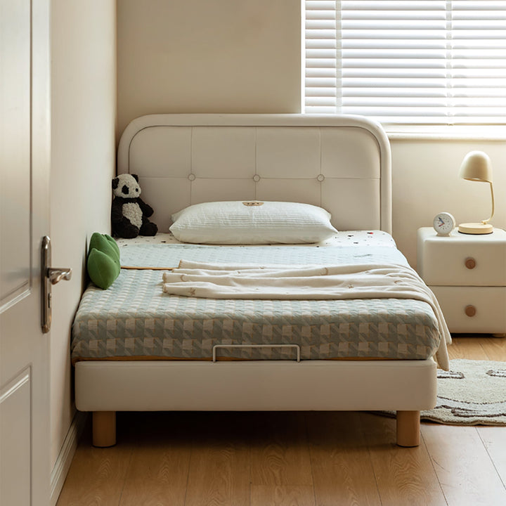 Modern microfiber leather kids bed cradle in details.