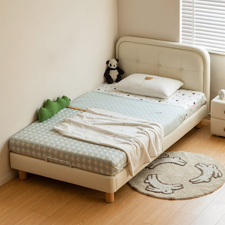 Modern microfiber leather kids bed cradle in close up details.