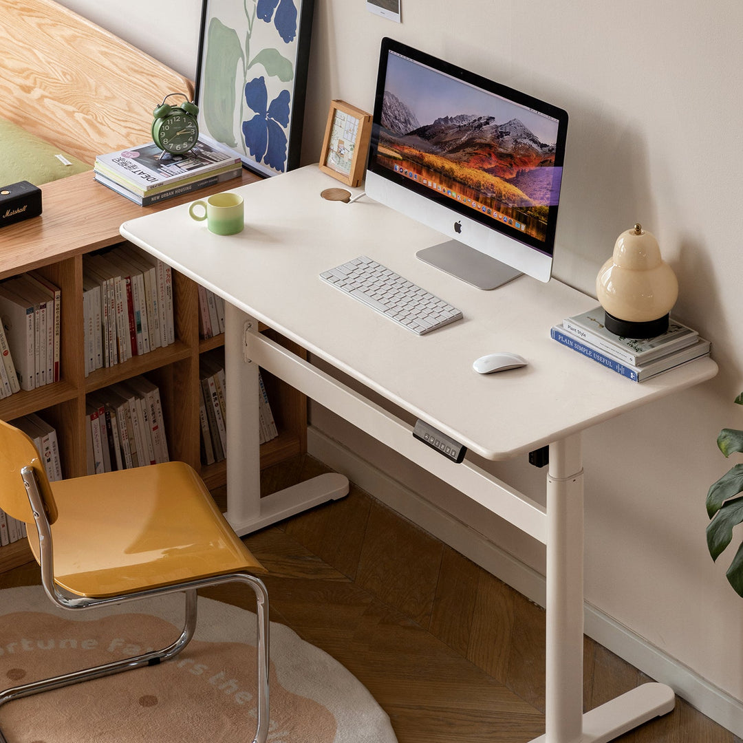 Modern rubber wood electric height adjustable study table oracle in panoramic view.