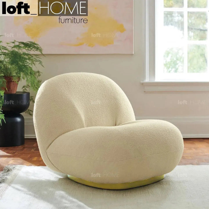 Cream teddy fabric 1 seater sofa pacha in close up details.