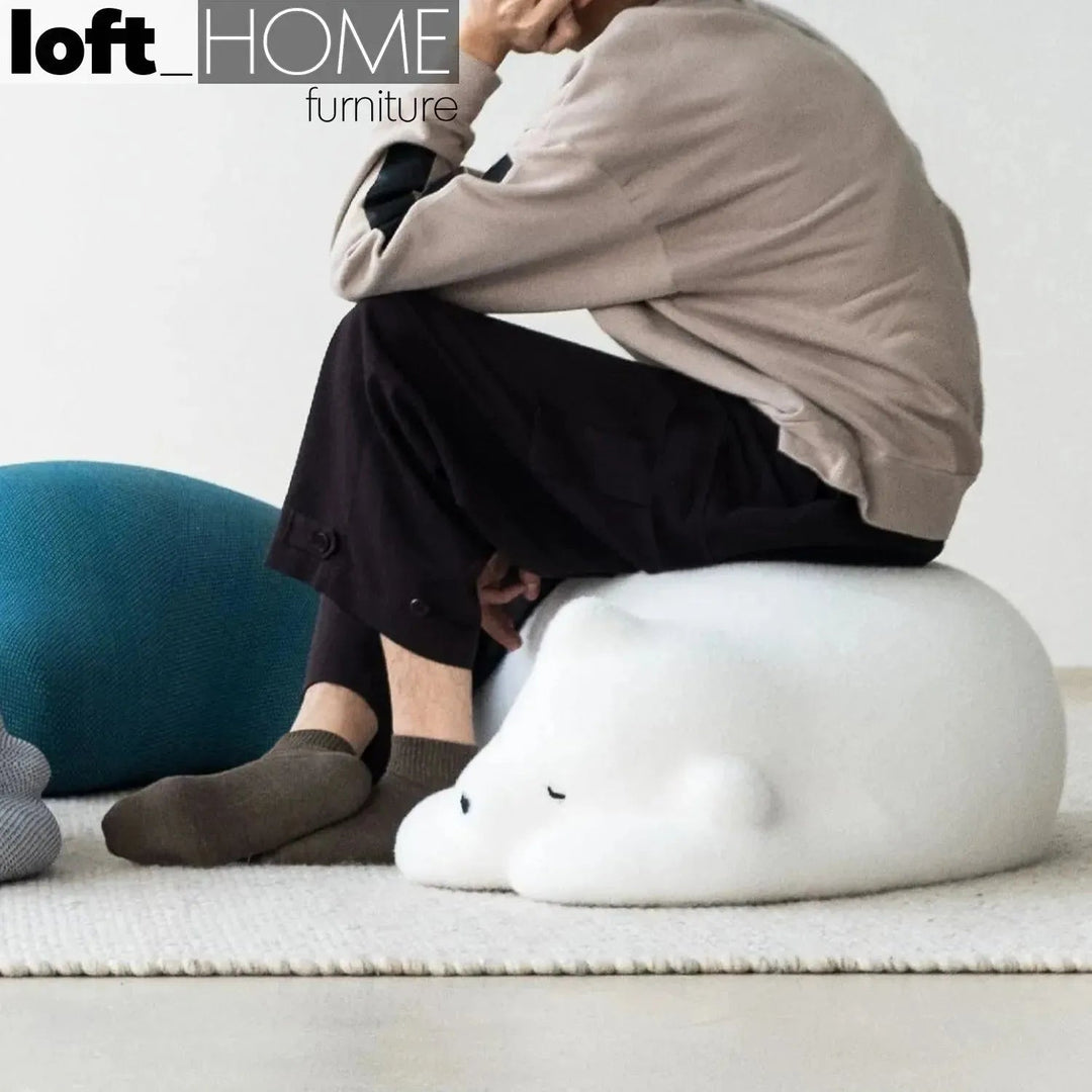 Contemporary velvet ottoman resting bear white environmental situation.
