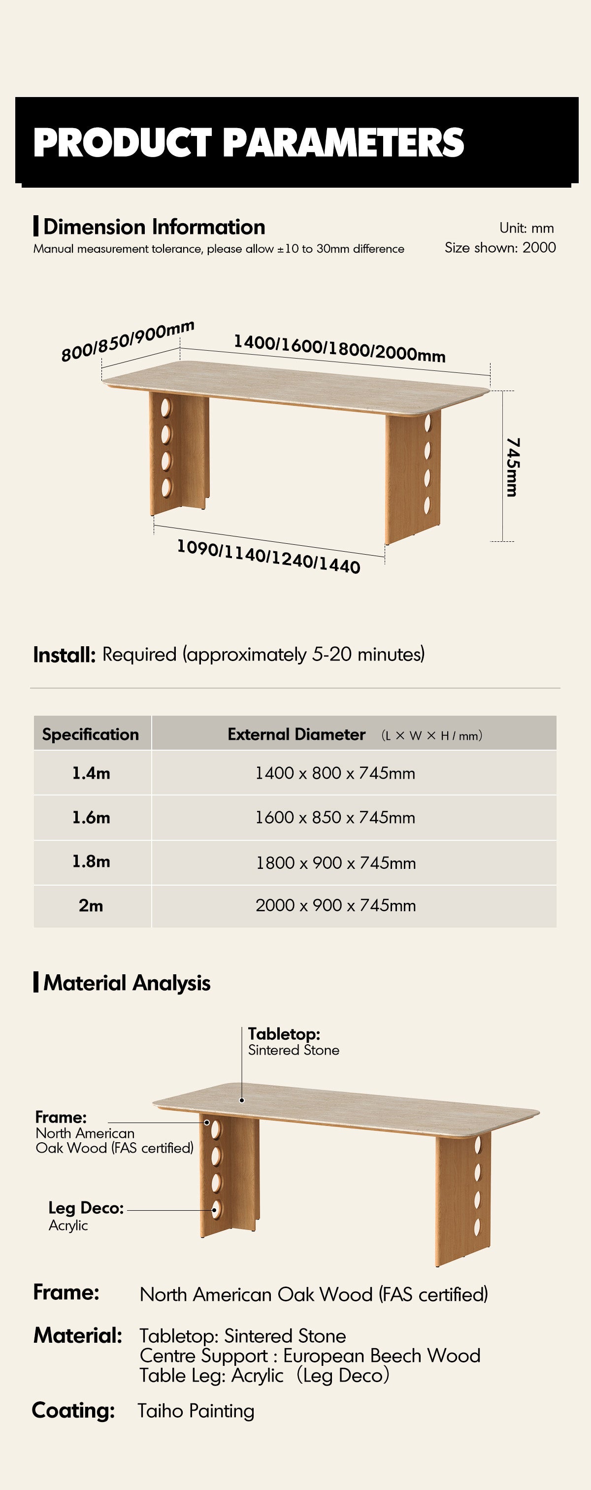 more product details and feature of Scandinavian Oak Wood Sintered Stone Dining Table TIMELESS