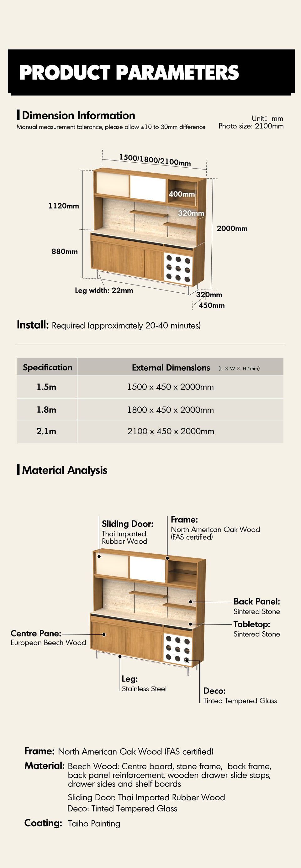 more product details and feature of Scandinavian Oak Wood Sintered Stone Storage Side Cabinet TIMELESS