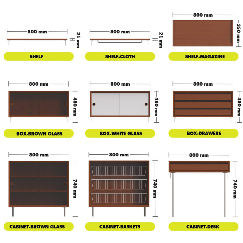 Bauhaus Boxwood Modular Hanging Wall Shelf System MUSE Size Chart