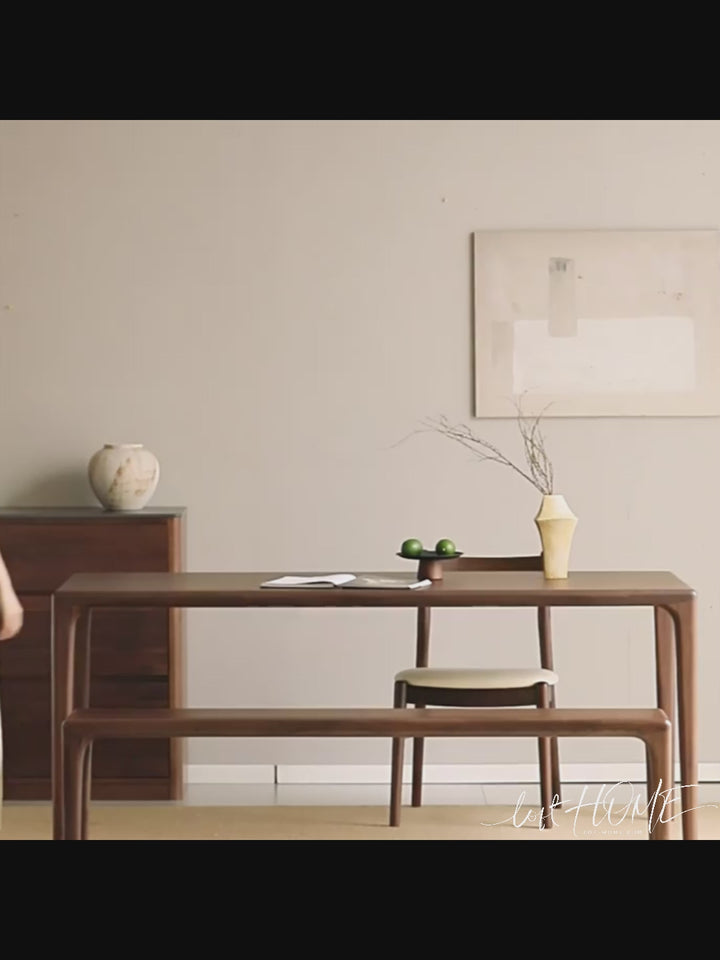 Japandi walnut wood dining bench conti color swatches.