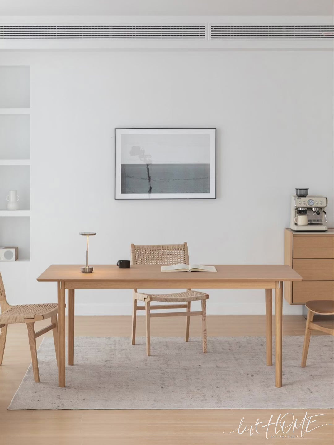 Minimalist ash wood dining table borel in still life.