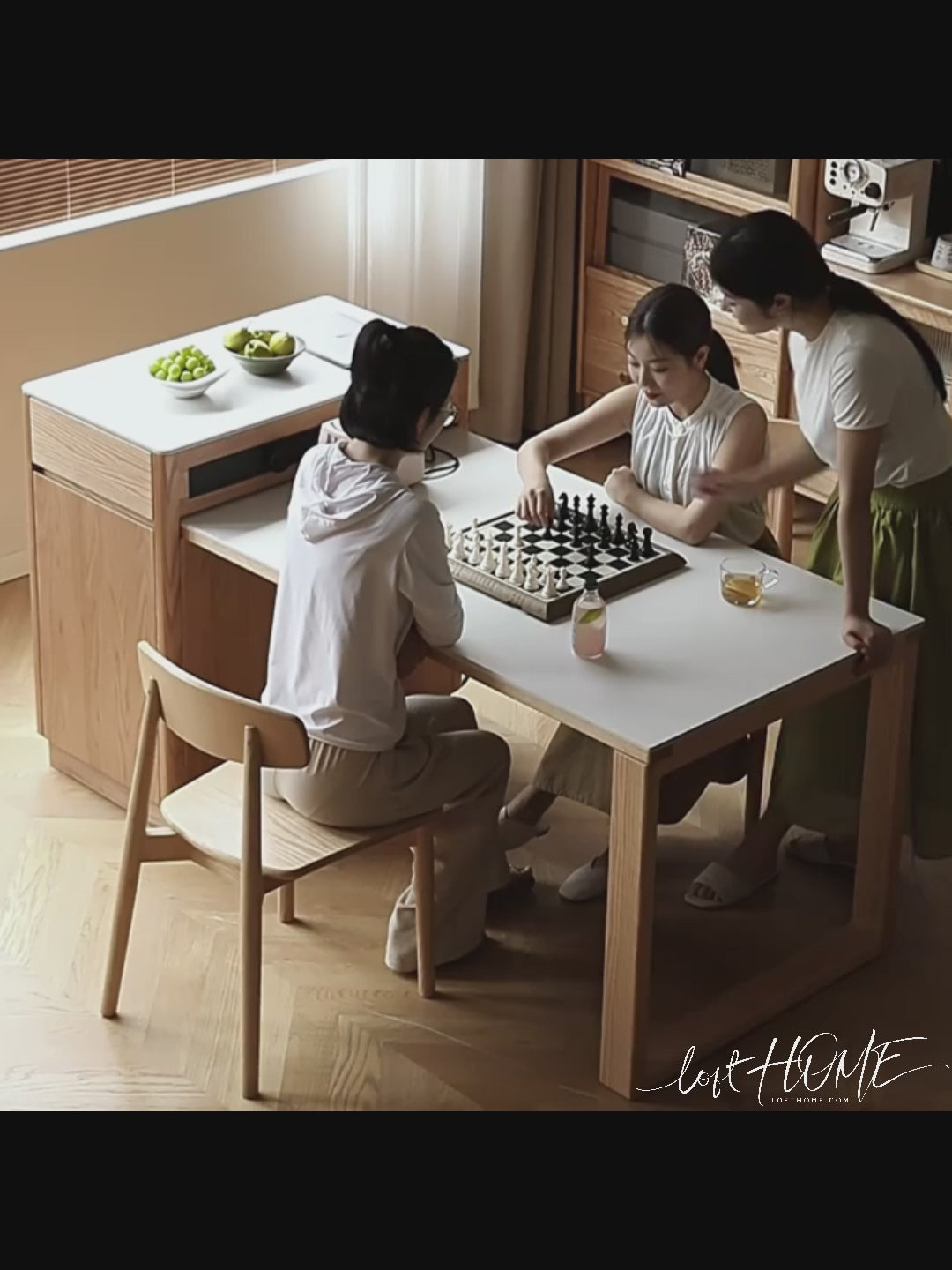 Scandinavian oak wood sintered stone extendable island dining table with cabinet flexa color swatches.