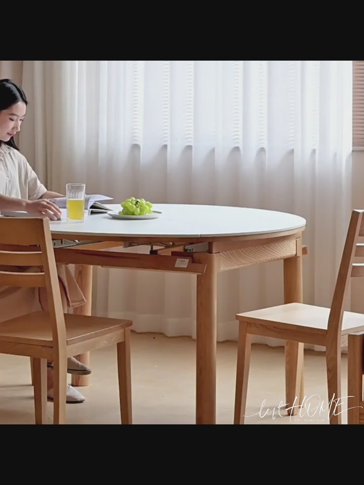 Scandinavian oak wood sintered stone extendable round dining table orbit color swatches.