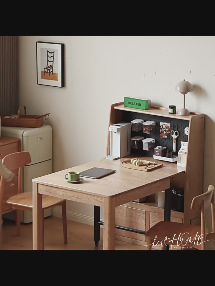 Scandinavian oak wood extendable dining table with shelf nest color swatches.