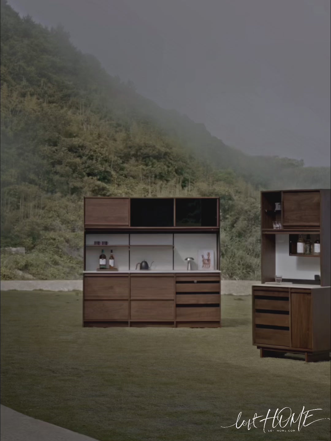Japandi Walnut Wood Sintered Stone Storage Side Cabinet AXIS