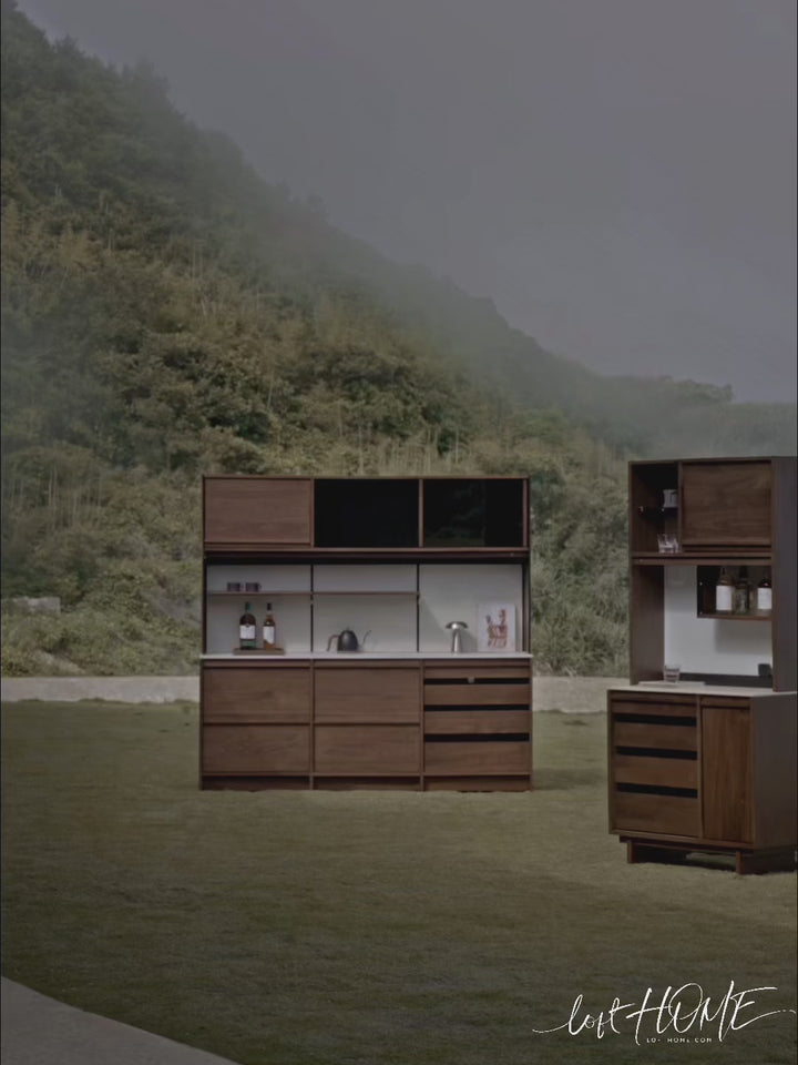 Japandi Walnut Wood Sintered Stone Storage Side Cabinet AXIS