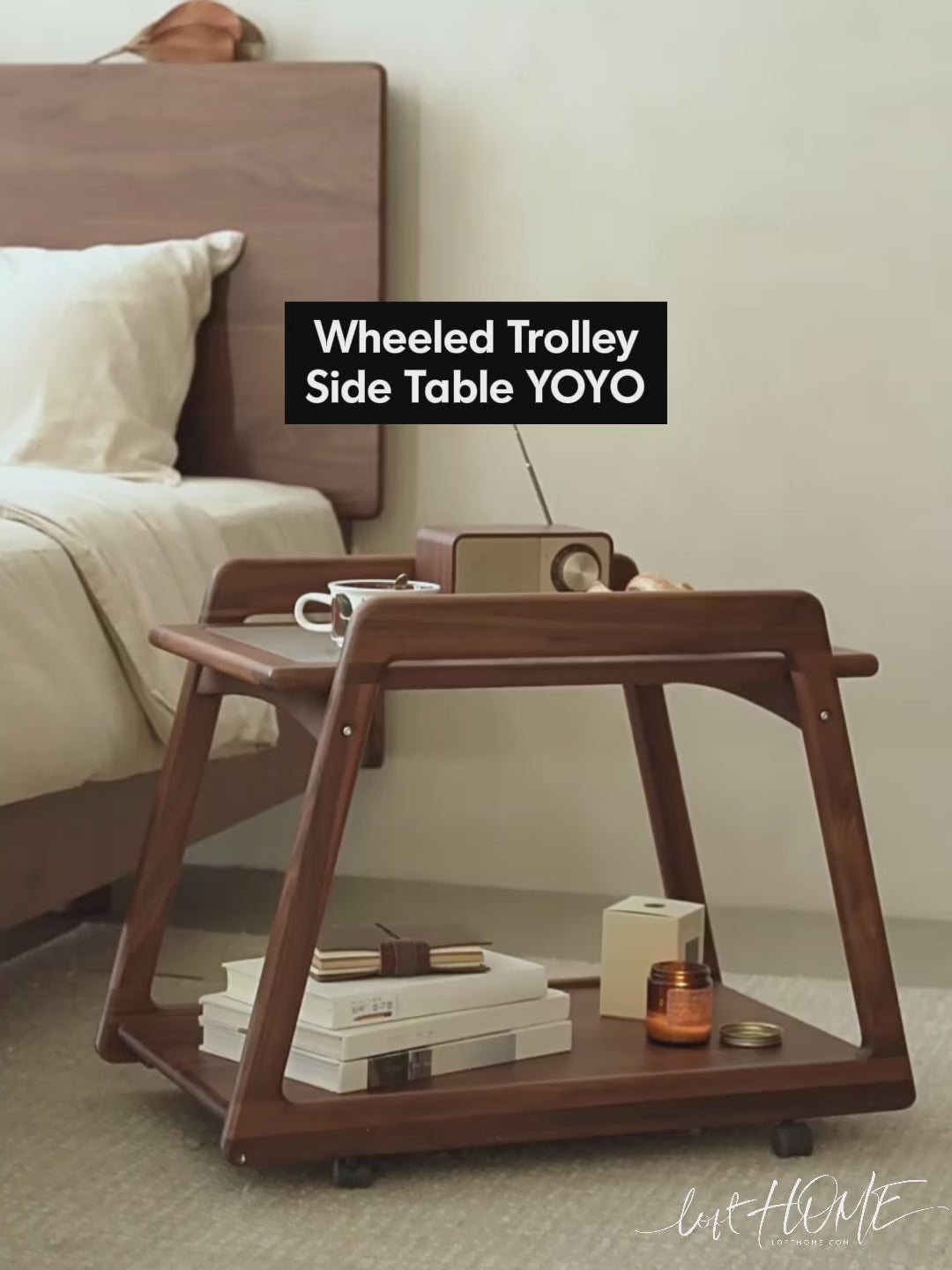Japandi Walnut Wood Wheeled Trolley Side Table YOYO