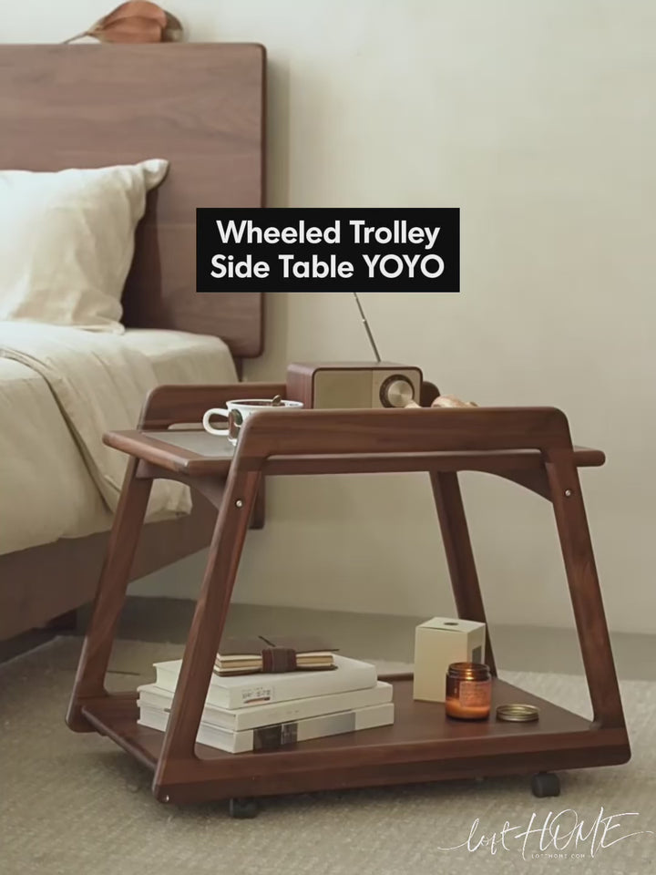 Japandi Walnut Wood Wheeled Trolley Side Table YOYO