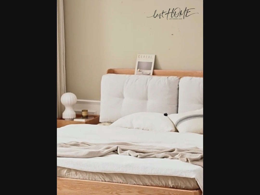 Scandinavian Oak Wood Chenille Velvet Fabric Floating Storage Bed HAVEN