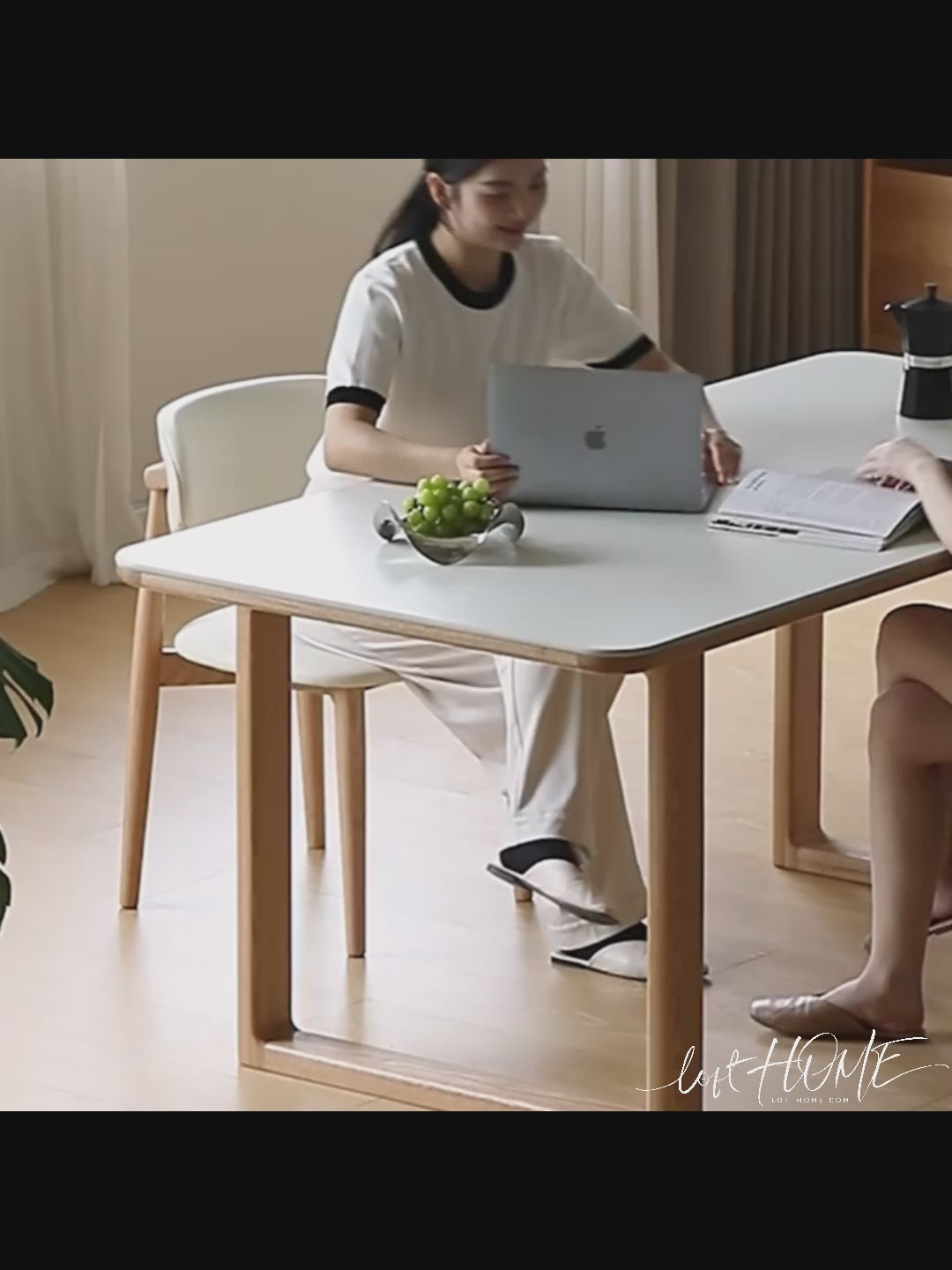 Scandinavian oak wood sintered stone dining table anchor color swatches.