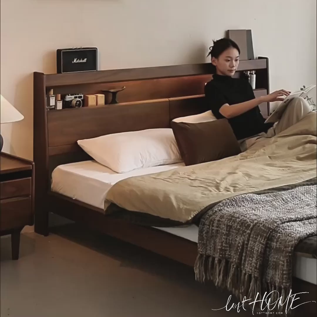 Japandi Walnut Wood Bed ACCOMPANY LIGHT