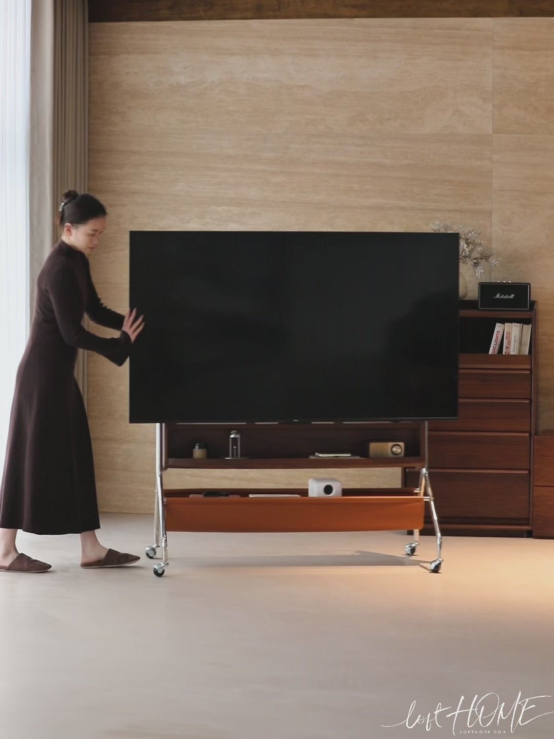 Japandi walnut wood tv hanger sereno color swatches.