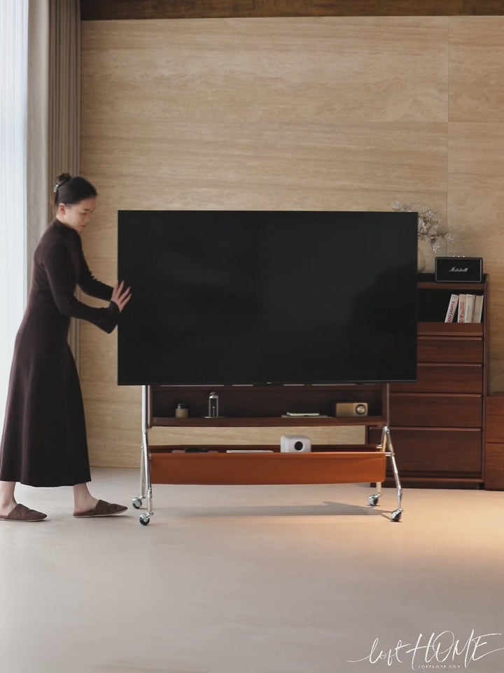 Japandi walnut wood tv hanger sereno color swatches.
