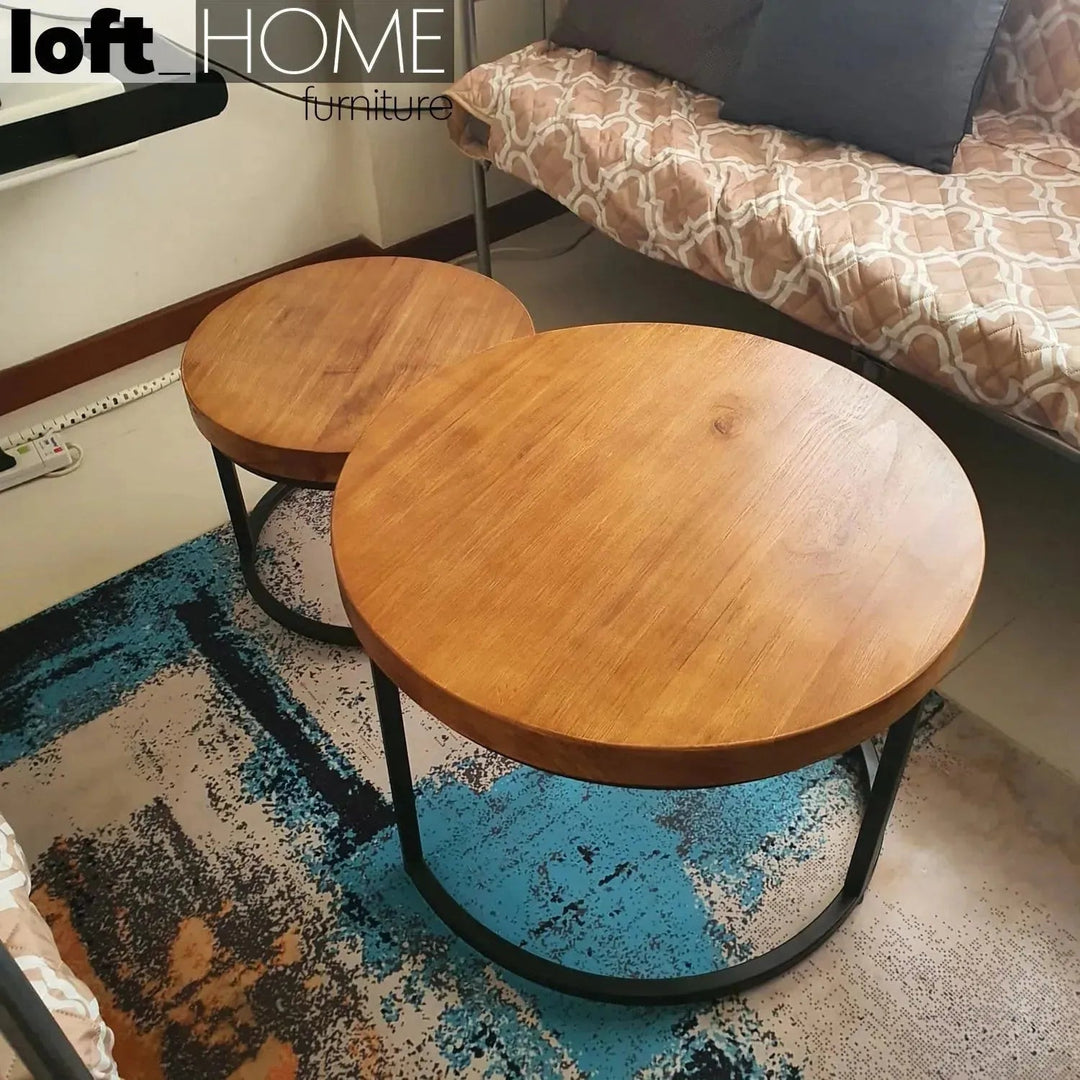 Industrial pine wood round coffee table classic environmental situation.