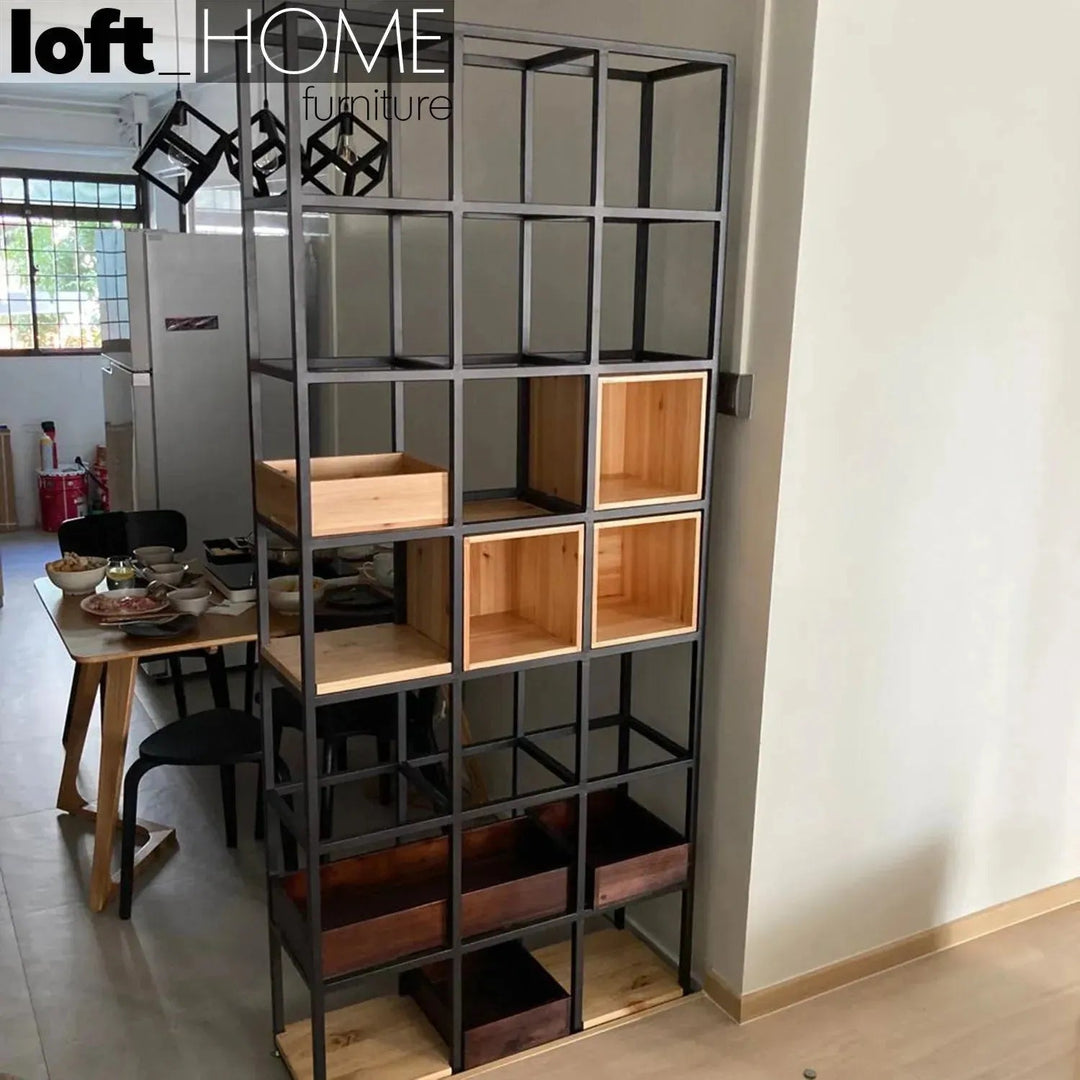 Industrial pine wood display shelf box conceptual design.