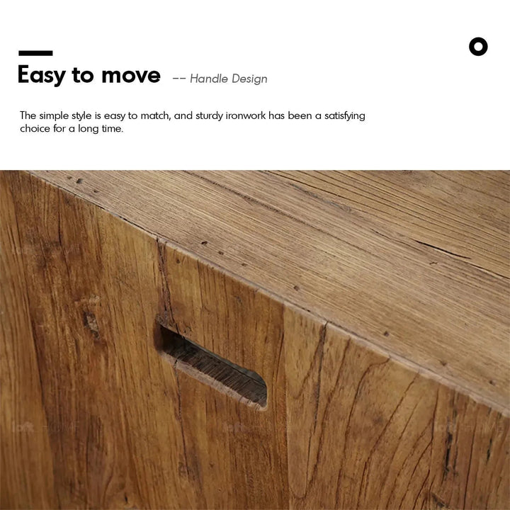 Rustic elm wood coffee table fortress elm in close up details.