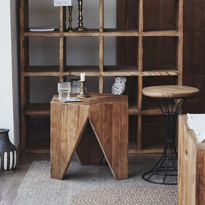 Rustic elm wood coffee table hexagon elm in real life style.