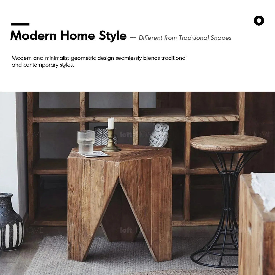 Rustic elm wood coffee table hexagon elm in details.