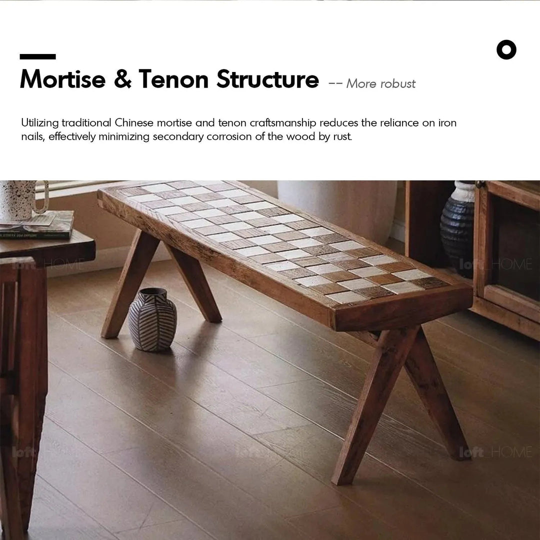 Rustic elm wood dining bench chess elm in panoramic view.