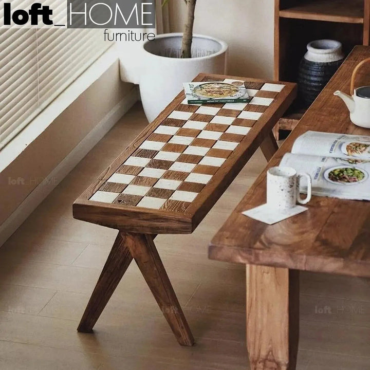 Rustic elm wood dining bench chess elm primary product view.