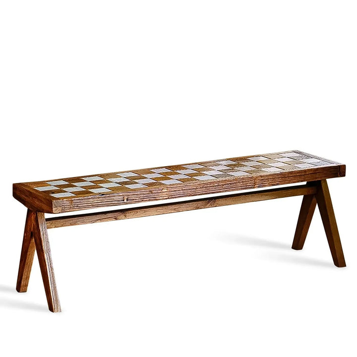Rustic elm wood dining bench chess elm in white background.