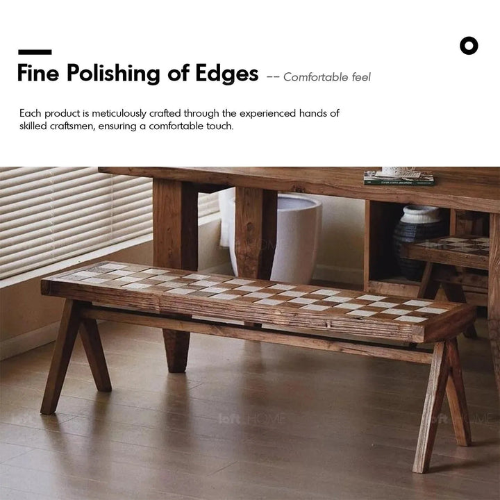 Rustic elm wood dining bench chess elm in close up details.