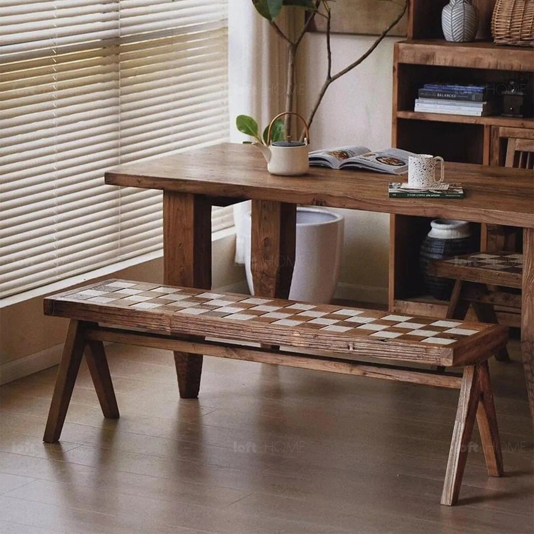Rustic elm wood dining bench chess elm in real life style.