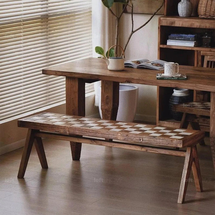 Rustic elm wood dining bench chess elm in real life style.